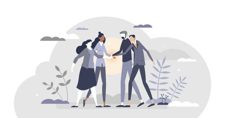 Community teamwork bonding and united group partnership agreement tiny person concept, transparent background. Trust circle with company hands holding together as solidarity.