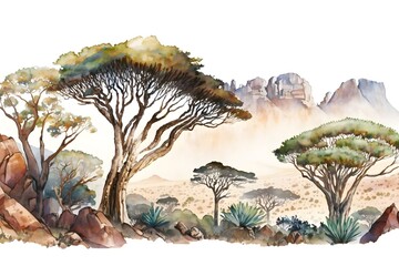 Fototapeta na wymiar Watercolor wallpaper, digital drawing of the natural landscape of Socotra Island, with rare trees, mountains and valleys, in harmonious colors, Generative AI