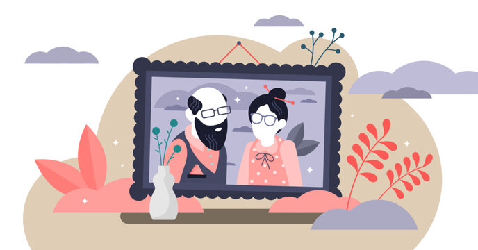 Grandparents illustration, transparent background. Flat tiny elderly relatives persons concept. Granny and grandpa together in framed picture as good memories. Happy together retirement seniors.