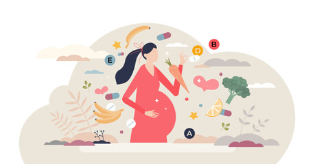 Postnatal vitamins intake with healthy nutrient and pills tiny person concept, transparent background. Multivitamin food eating for balanced calcium, iodine, zinc and biotin level illustration.