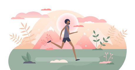 Running activity as male physical sport training exercise tiny person concept, transparent background. Trail run in outdoors as healthy workout in fresh air illustration.