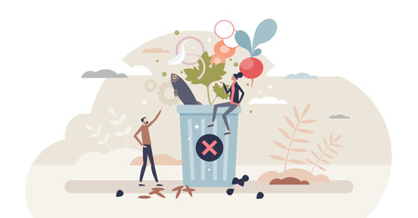 Save earth and throw away less food to avoid garbage tiny person concept, transparent background. Zero waste for sustainable and environmental consumerism problem solution illustration.