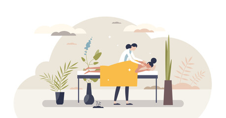 Self care and getting massage in SPA masseur saloon tiny person concept, transparent background. Professional body treatment with oils and creams for relaxation and calm skin illustration.