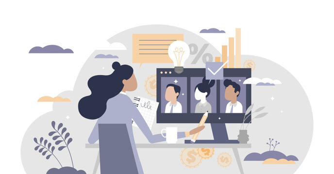 Video call meeting female as distant business communication tiny person concept, transparent background.