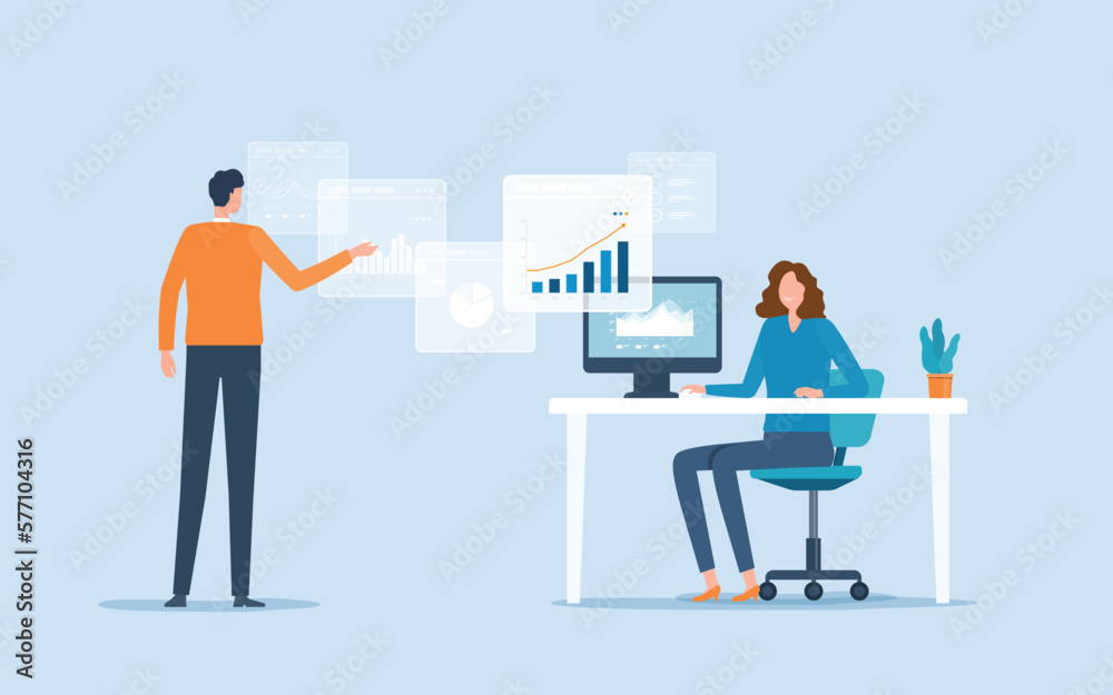 Aufkleber flat vector  business people team meeting for analytics and monitoring  business graph report dashboard concept and business finance investment planning.