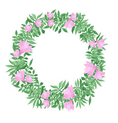 Wreath of green branches and pink flowers. Watercolor illustration