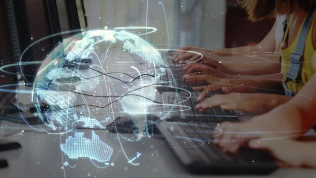 Animation of data processing and globe over diverse group of schoolchildren using computers
