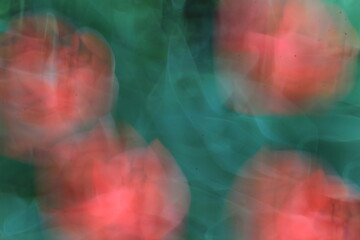 Out of focus. Red tulip flowers on a green background. Top view. Motion blur. Abstract background