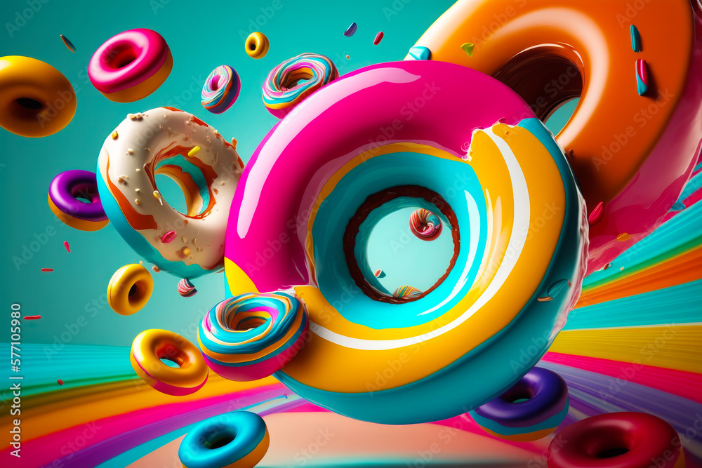 Wall mural colorful donuts flying through the air on colorful background. generative ai.