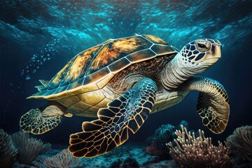 Obraz premium The hawksbill turtle (Eretmochelys imbricata) is a marine mammal that floats on the surface of the ocean. coral reef in the Maldives, Indian Ocean. Generative AI