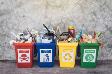 The concept of waste classification for recycling. Collection of waste bins full of different types of garbage in separation according to the color of the bin with old wall background. - obrazy, fototapety, plakaty