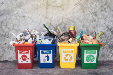 The concept of waste classification for recycling. Collection of waste bins full of different types...