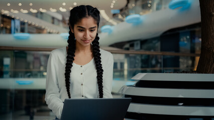 Woman freelancer young student arabian hispanic businesswoman freelancer pretty girl use computer video conference app converse online business briefing talk with distant friend internet communication