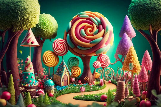 candy forest with lollipops and trees. Generative AI.