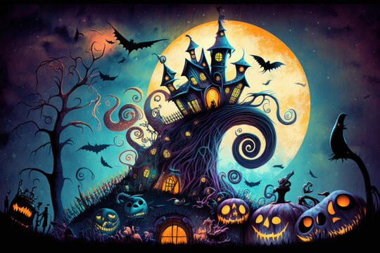 An image of halloween house with pumpkins and bats. Generative AI.