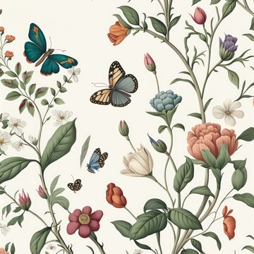 Beautiful butterflies with vines flowers in vintage art style. Generative AI.