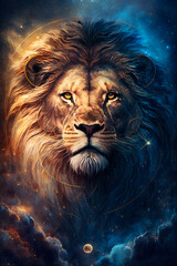 Lion in the sky with clouds and stars. Generative AI.