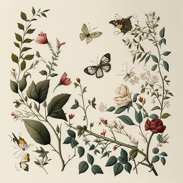 Beautiful butterflies with vines flowers in vintage art style. Generative AI.