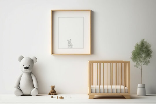 White crib with teddy bear next to it. Generative AI.