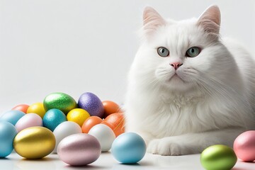 Fototapeta na wymiar Happy easter day background with white cat. Ai generated.