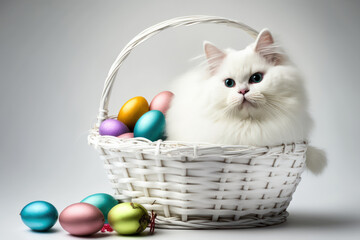 Fototapeta na wymiar Happy easter day background with white cat. Ai generated.