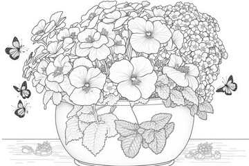 Coloring book with beautiful flowers, suitable for both adults and kids. The potted primrose is lush, and butterflies flit around it. Generative AI