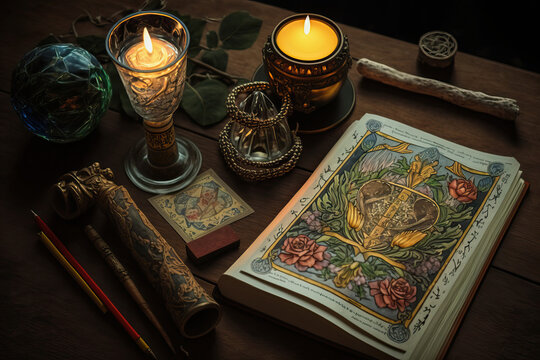 AI set of ritual tools with candles on wooden table