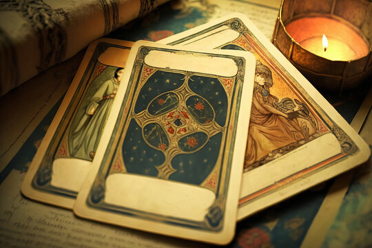 AI illustration of tarot cards with candle and book on table