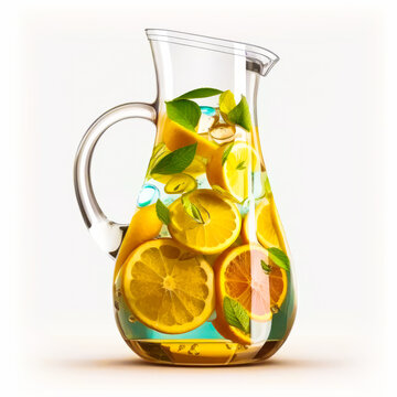 An image of pitcher filled with lemon and orange slices. Generative AI.