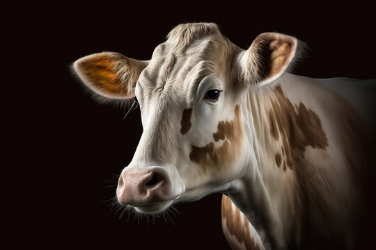 AI spotted cow looking away against black background