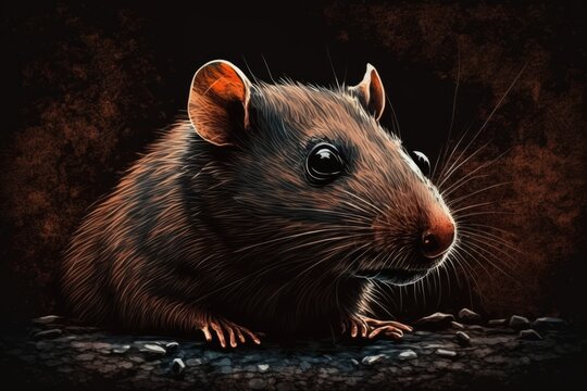 Extreme close up of a large brown rat, motionless on the floor. Generative AI