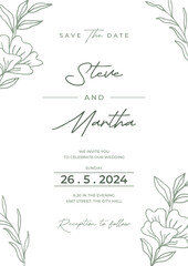 Floral wedding invitation template organic hand drawn leaf decoration simple minimalist style