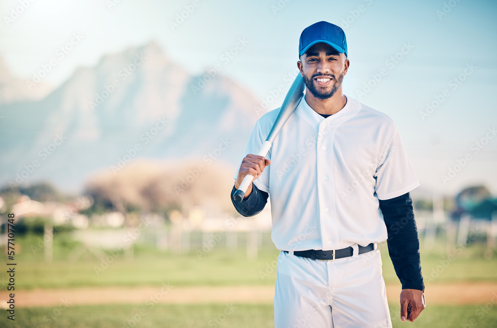 Poster Portrait, fitness and man with a bat, baseball and happiness on field, exercise and competition. Face, male athlete and player with sportswear, smile and confident guy for game, victory and mockup