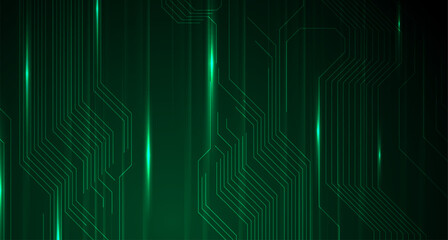 Glowing green neon circuit board lines tech background. Vector design