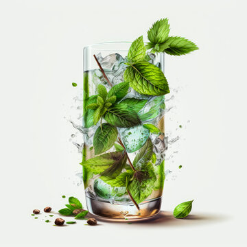 An image of mojito with mint leaves and ice cubes. Generative AI.