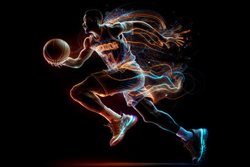 Basketball player with bright glowing abstract lines. Generative ai