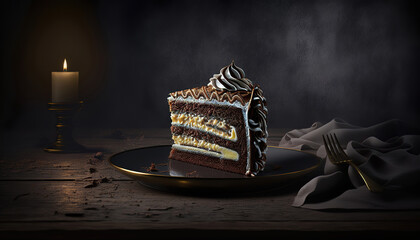 chocolate cake on dark background, generative ai