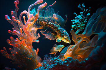 An underwater scene with colorful fish and coral. Generative AI.