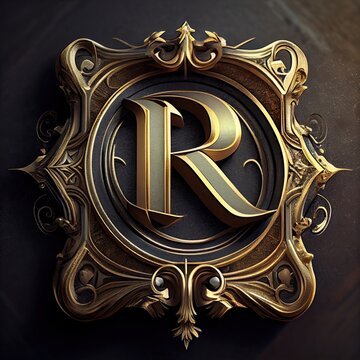 r letter in a golden monogram relief, generative AI
