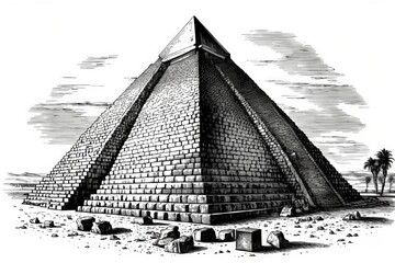 Fototapeta premium Vintage line drawing or engraving illustration of the Great Pyramid of Giza, Egyptian architecture, ghizeh, Khufu's Pyramid, pyramid of cheops, pyramid of Khufu. Generative AI