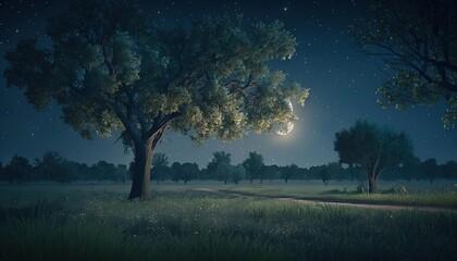 Plakat a night scene with a full moon and a tree in the foreground and a path in the foreground with grass and flowers on both sides. generative ai