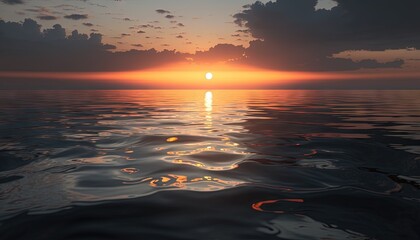  the sun is setting over the water with clouds in the sky and the sun reflecting off the water's surface and reflecting off the water surface.  generative ai