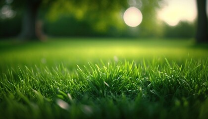  a close up of a green grass field with trees in the background and sunlight shining through the trees in the distance, with a blurry image of the grass in the foreground.  generative ai