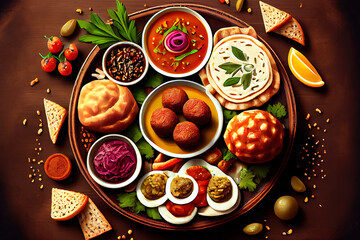 Arabic traditional cuisine. Middle Eastern meze with pita, olives, hummus, stuffed dolma, falafel balls, pickles. Generative Ai