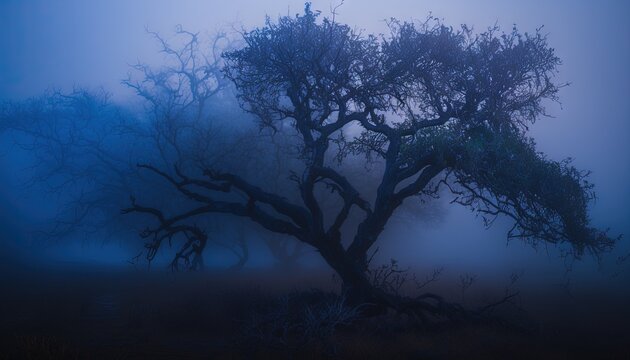  a foggy tree with no leaves on it in the middle of a field with a bird perched on the top of the tree branch.  generative ai