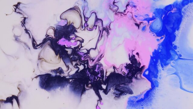 Dark and light purple colors blending in white paint abstract background. Colorful liquid flow with swirls. Alcohol ink blending trendy marbling texture