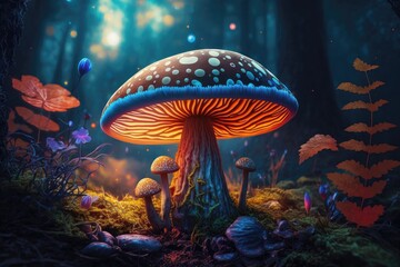 Fototapeta na wymiar Magic mushroom in the forest colorful background. Generative AI