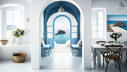 beautiful interior of a greek beach house room, generative ai