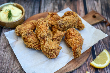 
 Crispy  deep fried   Chicken 
 Wings with cornflakes , ketchup and french fries . Breaded  with cornflakes chicken   wings. Junk fast food