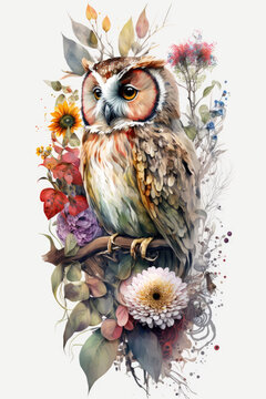 watercolor owl on a branch with flowers, white background, generative AI  finalized in Photoshop by me 